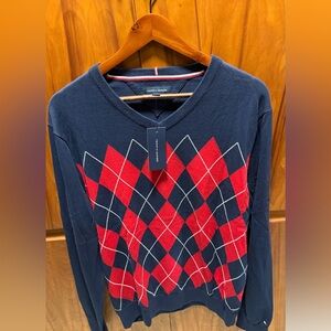 Tommy Hilfiger Navy Sweater with Red and White Trim